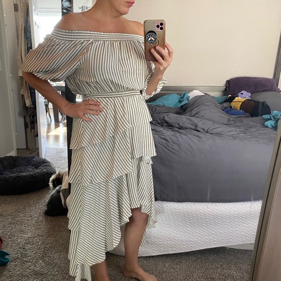 Maje Striped Off-Shoulder, Tiered, Ruffle Dress - Picture 5 of 8
